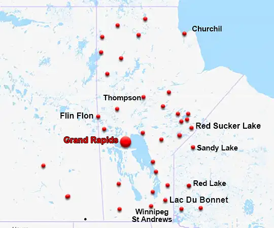 Map showing the location of Grand Rapids in Manitoba